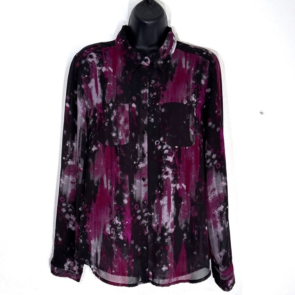 Black Magenta Tie‎ Dye Button Down Shirt Top Long Sleeve Women S Purple